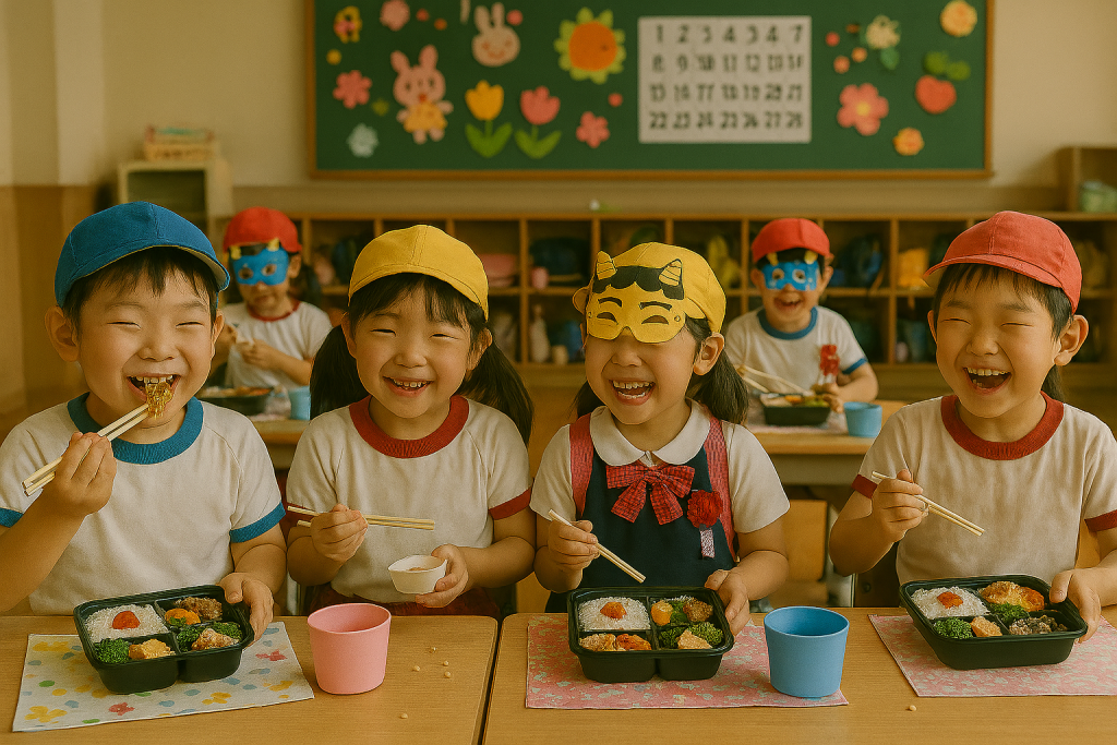 園児たちがお昼ご飯を食べている